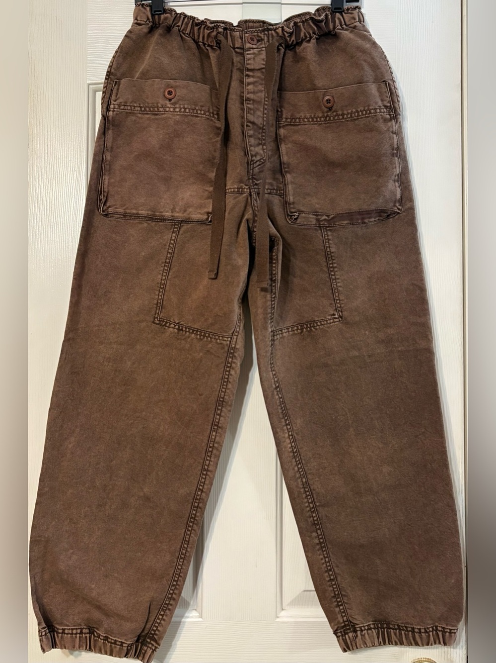 Free People Brown Wide-Leg Utility Jeans with Elastic Cuffs